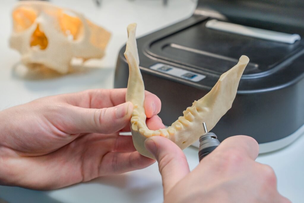 Modelo dental impreso en 3D siendo refinado por un técnico de laboratorio